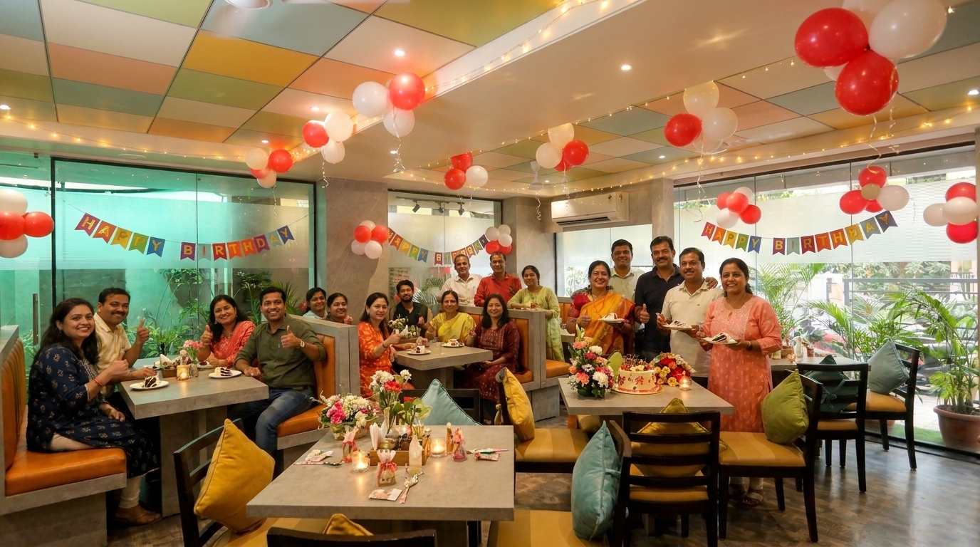 Group Celebrating Birthday with Pizza and Drinks