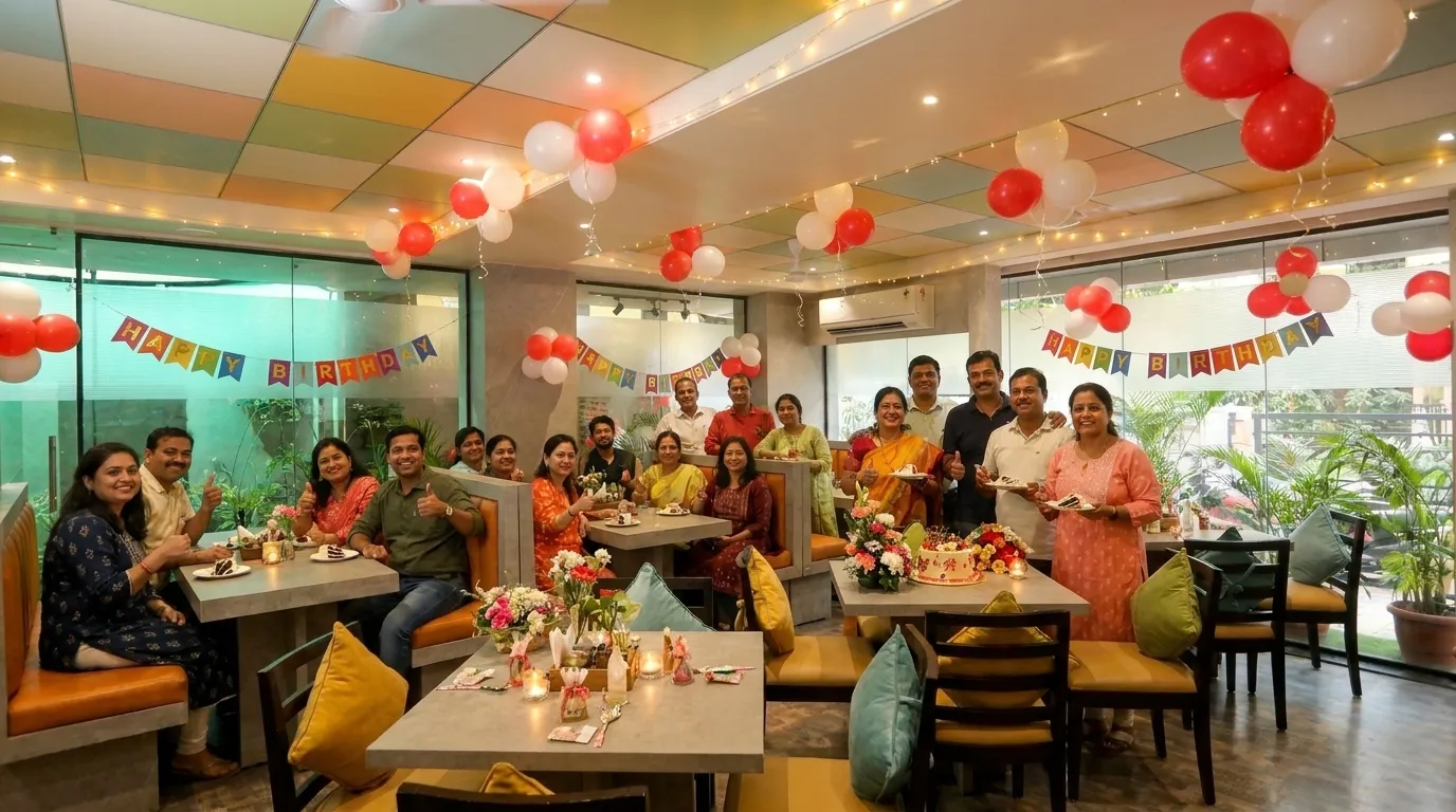 Group of colleagues celebrating a farewell gathering at An's Kitchen Lal Kothi Jaipur