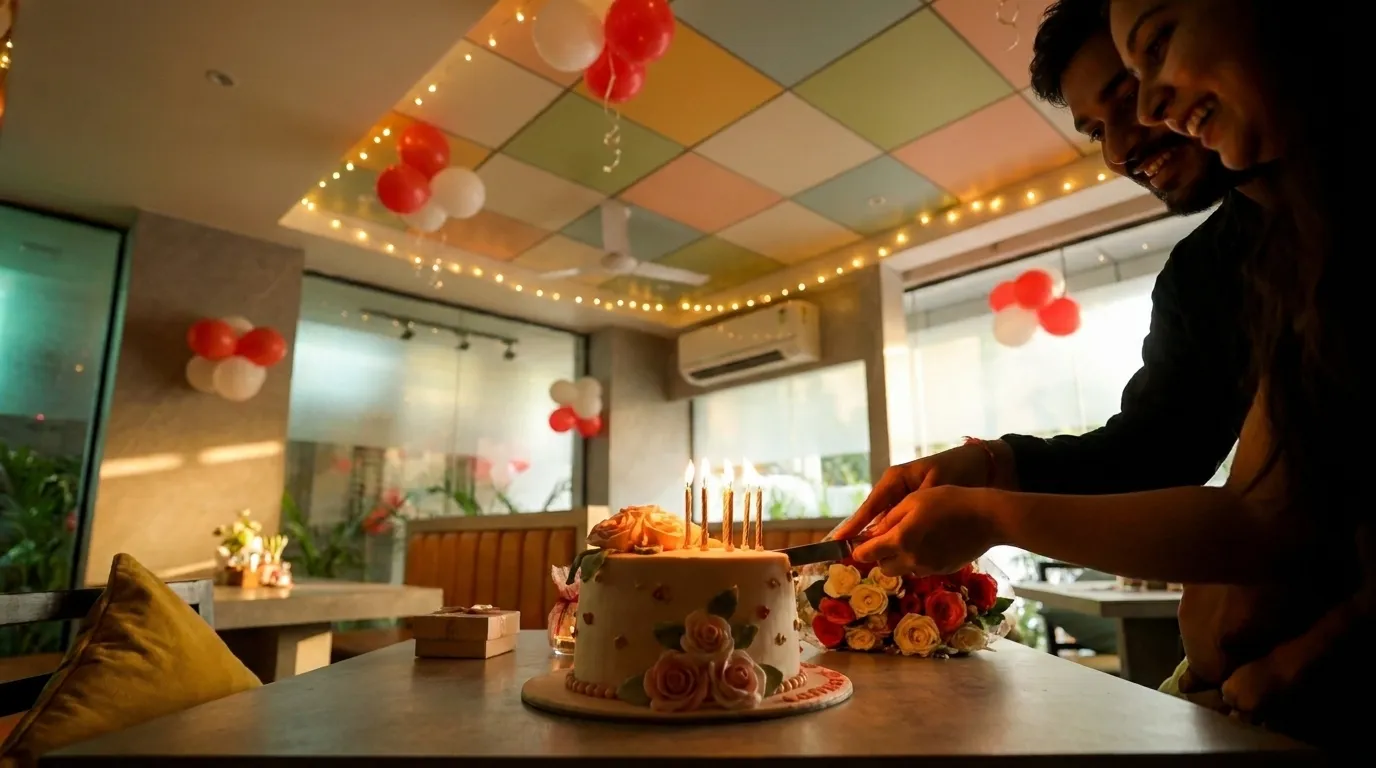 Festive cake cutting moment with family and children at An's Kitchen Jaipur