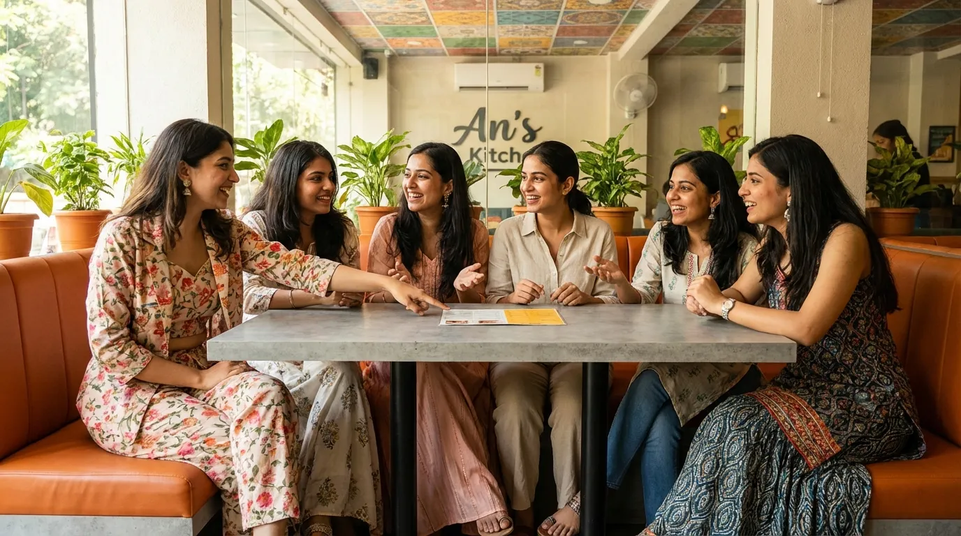 Women enjoying an afternoon high tea party celebration at An's Kitchen cafe Lal Kothi Jaipur