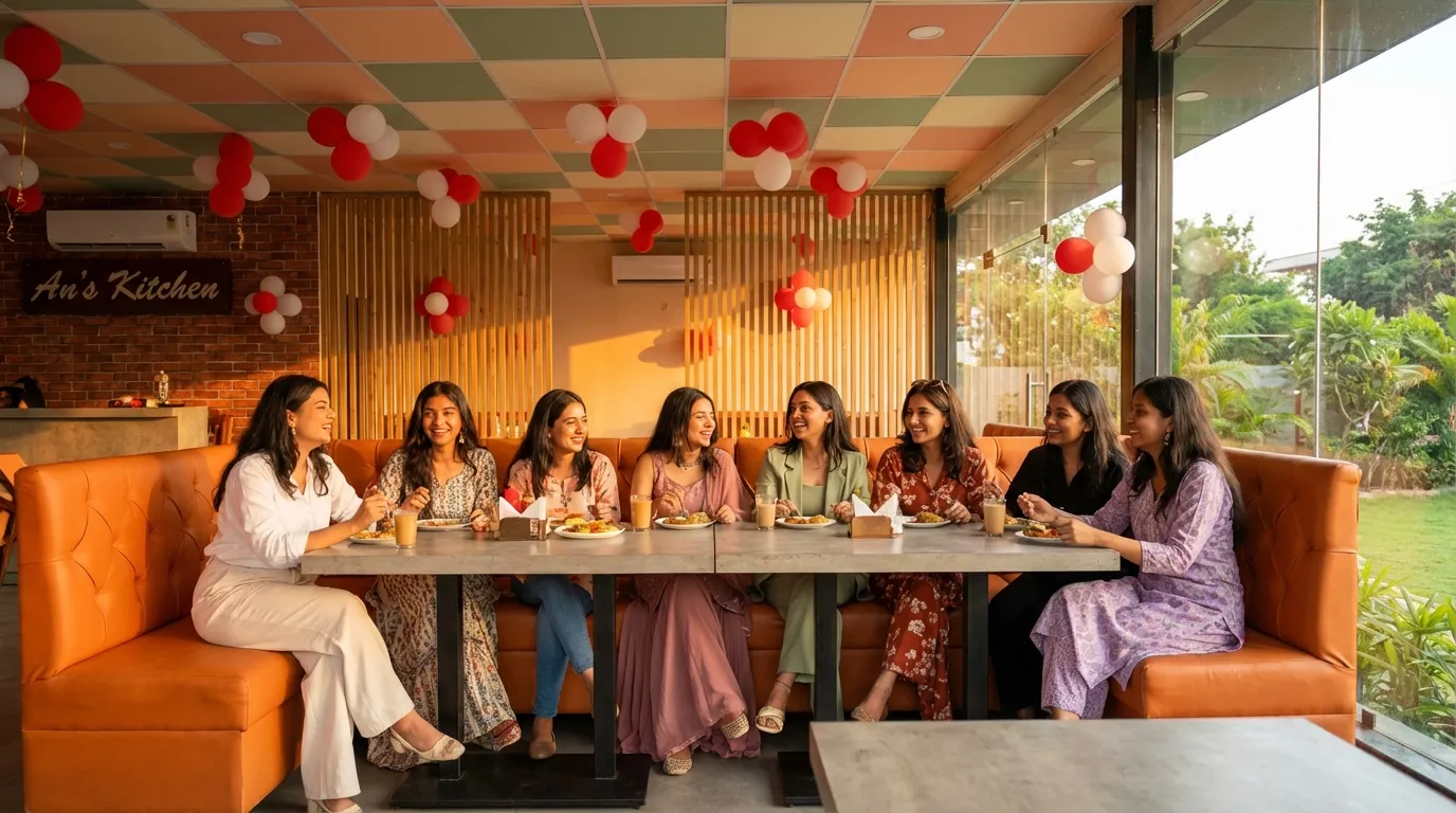Bride squad celebrating an intimate bachelorette party at An's Kitchen Lal Kothi Jaipur