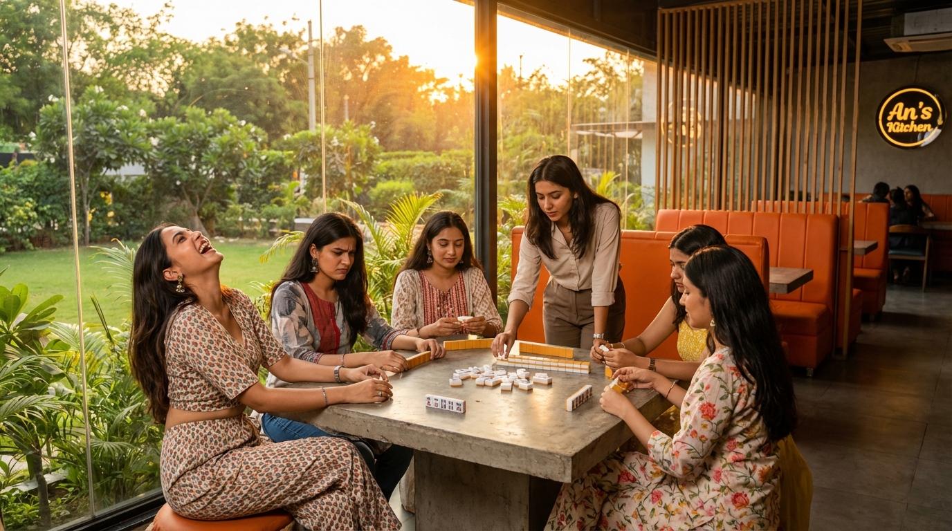 Women Playing Mahjong and Tambola at Cafe Table