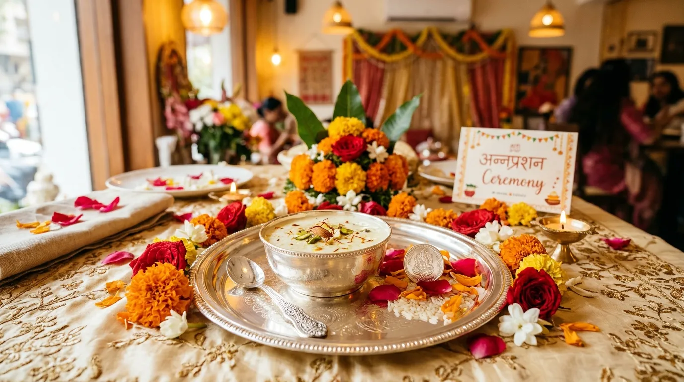 Auspicious Annaprashan celebration table setup with traditional silver bowl, kheer prasad, and fresh floral decor at An's Kitchen Jaipur