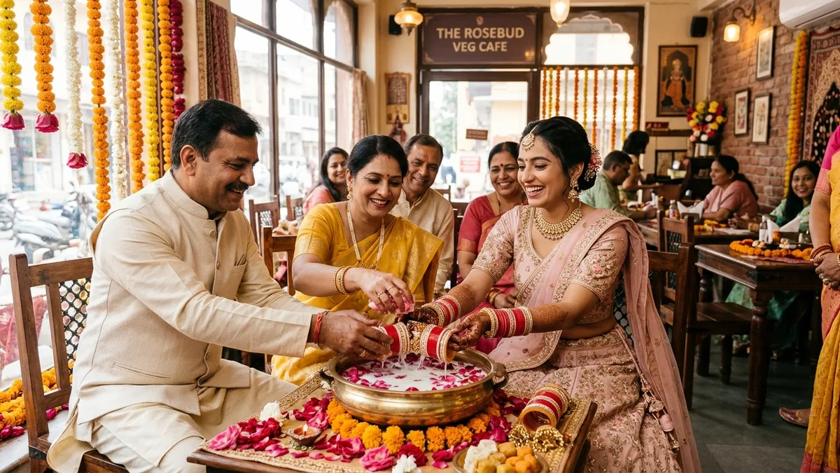 Family celebrating auspicious Chooda ceremony morning brunch at An's Kitchen in Jaipur