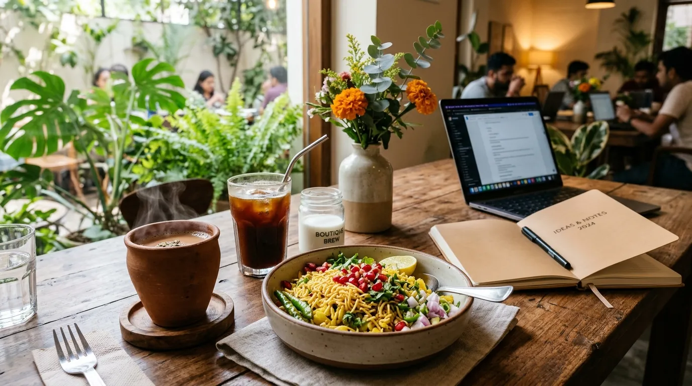 Corporate breakfast meeting table setup with Indori poha, hot kulhad chai, cold brew, and modern workspace at An's Kitchen Jaipur