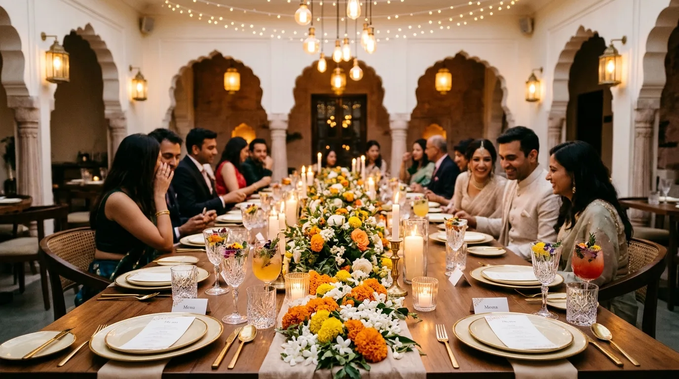 Intimate wedding reception dinner table setup with glowing candles, marigold floral runner, and pure veg cuisine at An's Kitchen Jaipur