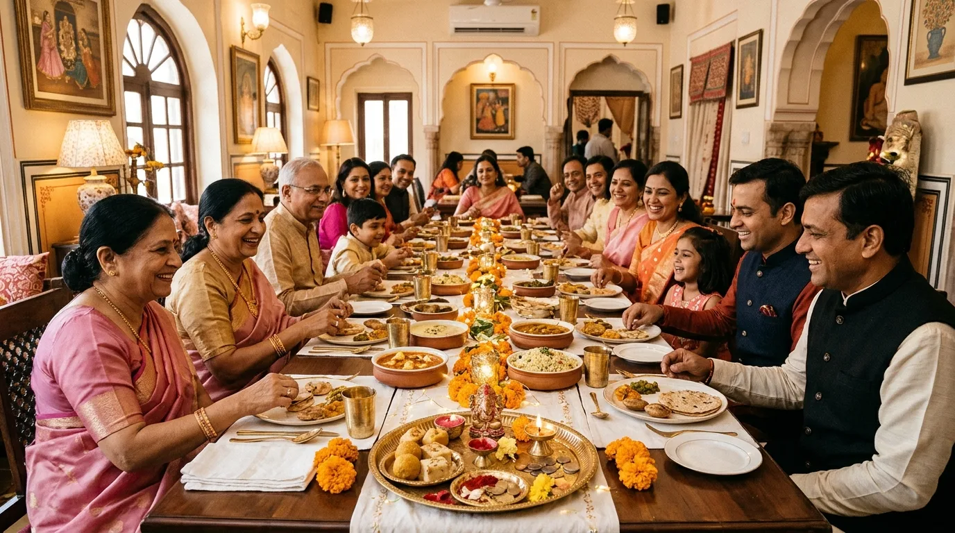 Family celebrating Mayra ceremony lunch at An's Kitchen in Jaipur