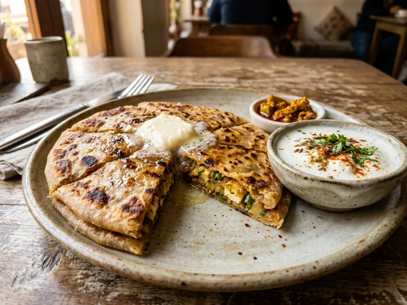 Crispy Stuffed Tawa Parantha with White Butter and Curd